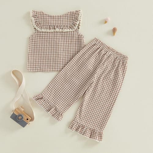 Toddler Baby Girl Clothes Summer Outfit Plaid Gingham Short Sleeve Shirt Sleeveless Tank Tops Pants Set (A6 Khaki, 2-3T) — view 2