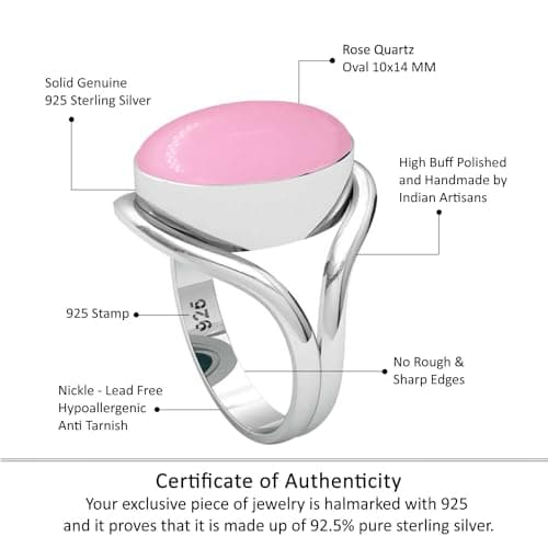 JEWELOPORIUM Pink Rose Quartz Silver Ring Size 10, 925 Sterling Silver Ring for Women, Oval Stone Handmade Jewelry — view 3