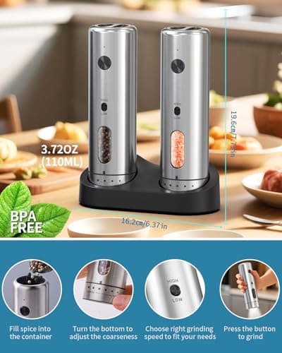 CIRCLE JOY Electric Salt and Pepper Grinder Set with Rechargeable Base Upgraded Stainless Steel Automatic Salt and Pepper Shakers with 2 Grinding Speeds, External Adjustment and 110ml Capacity, Silver — view 4