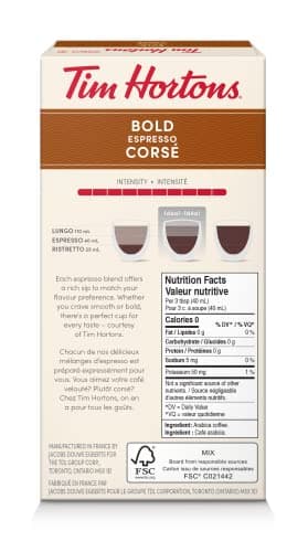 Tim Hortons Bold Espresso Capsules, Nespresso Original Line Compatible Capsules, 10 Count