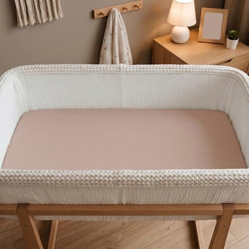 Muslin Bassinet Sheets 2 Pack, Soft Breathable Fitted Sheets for Bedside Sleeper Bassinet, 33x20 Inch, Snug Fit Baby Bassinet Mattress Cover for Newborn Boys Girls (Gentle Colors) — view 6