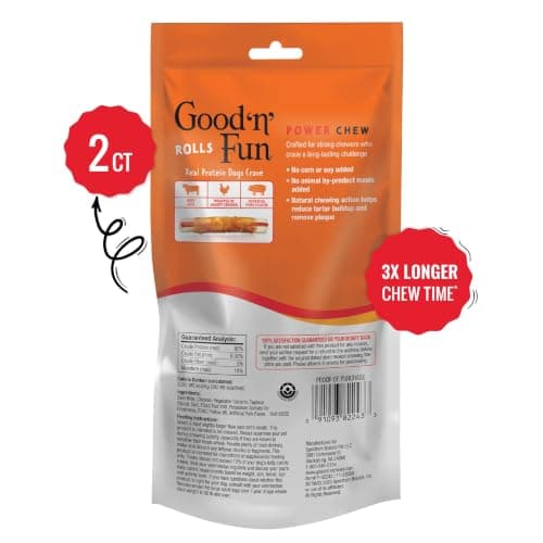 Good 'n' Fun Rolls Long-Lasting Dog Treat, For Large Dogs, With Real Proteins, Beef Hide and Premium Chicken, Supports Dental Health, Mental Stimulation, 2 count