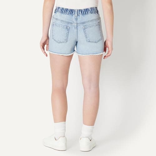 Amazon Essentials Girls' Medium Stretch Mid-Rise Cut-Off Jean Shorts, Iced Blue Light Wash, 12