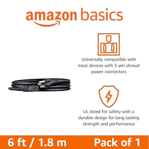 Amazon Basics PC Power Cable, 6 feet, AC Power Cord for Monitor, Computer, TV, 3 Prong, 18 AWG, 125 Volts, NEMA 5-15P to IEC320C13, UL Listed, Black