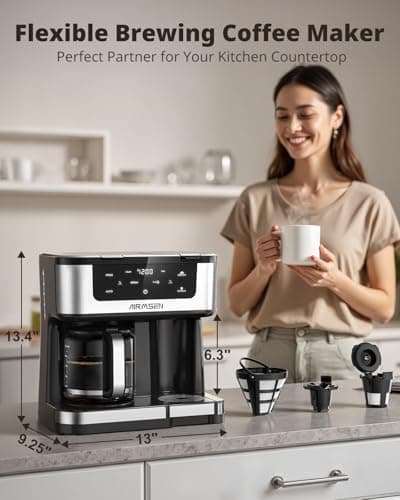 AIRMSEN 12-Cup Programmable Dual Coffee Maker – Single Serve Machine for K-Cup Pods & Ground, 1000W Fast Brew, Delay Start, 2H Keep Warm, Touchscreen, 60oz Tank, Glass Carafe – Home & Office