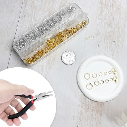 Qulltk 1200 Pcs Jump Rings for Jewelry Making Supplies, Necklace Repair Kit with Plier, Tweezer, Lobster Claw Clasps, Open Rings for Crafts & Keychains (1200Pcs Silver and Gold) — view 4