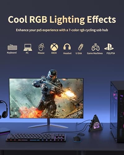 JoyReken 7-Port USB 3.0 Hub, Vertical USB Hub Splitter with RGB Tree Lighting, 5Gbps High-Speed Data Transfer and 2FT Extension Cable, Compatible with PC, MacBook, Laptop, PS5, Xbox, Flash Drive — view 2