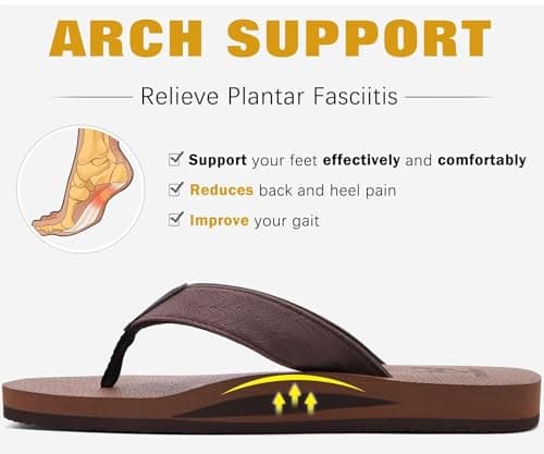 KuaiLu Men's Leather Flip Flops Arch Support Summer Beach Pool Water Thong Sandals Waterproof Rubber Walking Shoes Slip on Orthotic Casual Sport Cushioned Wide Slides Shower Slippers Coffee Size 10 — view 3