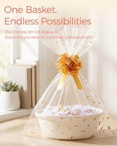 SUNCOLOR Small Woven Gift Basket Set with Cut Paper Shred Filler, Pull Bow & Cellophane Bag, 12x8x5 Inch Durable Cotton Rope Storage Basket for Easter, Baby Shower, Birthday — view 3