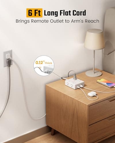 Surge Protector Power Bar, SUPERDANNY 6 Ft Extension Cord with 8 Outlets & 4USB Ports (2 USB 2 C), Mountable Flat Plug Power Strip, Surge Protection for Home, Office, Dorm — view 7