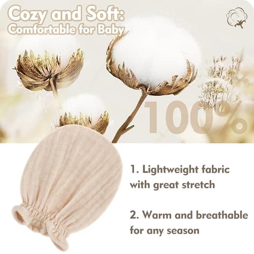 Pro Goleem 3-Pack Muslin Baby Mittens for Newborn, 100% Cotton No Scratch Soft Breathable Gloves with Elastic Strap for Baby Boy and Girls 0-6 months, Brown Beige Grey — view 5