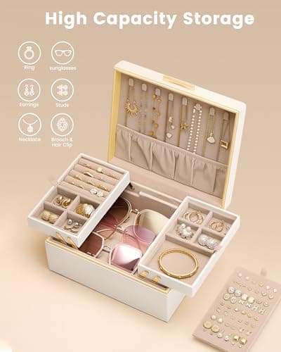 Lolalet Jewelry Box Organizer for Women Girls, 2 Layer Jewelry Organizers and Storage for Necklace Earrings Rings Bracelets, Large Jewellery Holder Case Birthday Gifts -Cream — view 2