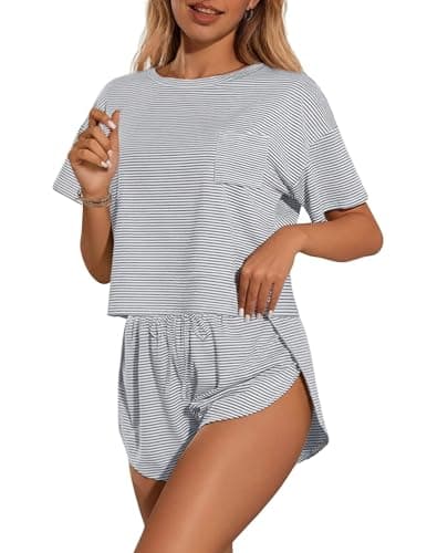 Ekouaer Womens Striped Pajama Sets Sexy Lounge Sets Side Split Short Pj Sets Cute Pjs 2 Piece Comfy Sleepwear Loungewear Gray-White Stripes X-Large — view 3