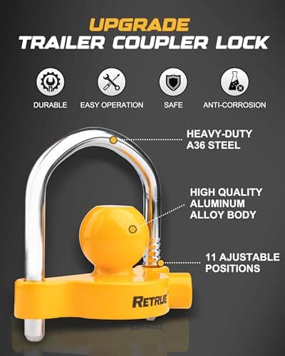 RETRUE Universal Coupler Lock Trailer Locks Ball Hitch Trailer Hitch Lock Adjustable Security Heavy-Duty Steel Fits 1-7/8 Inch, 2 Inch, 2-5/16 Inch Couplers, Yellow — view 2