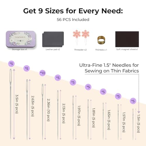 HTVRONT Sewing Needles 56 PCS, Large Eye Embroidery Needles for Hand Sewing 9 Size, Hand Sewing Needles with Needle Threaders, Thimble for Crafts, Repair, Quilting (Sliver 56PCS)