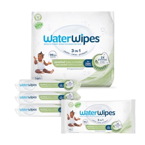 WaterWipes Sensitive+ Baby & Toddler Wipes, 3-In-1 Cleans, Cares, Protects, 99.9% Water, Textured Clean, Unscented & Hypoallergenic, 240 Count (4 Packs)