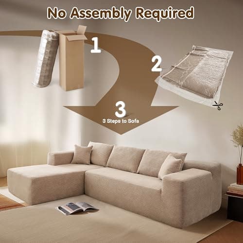 ovios 104" Cloud Boneless Couch with L-Shape Chaise,Modern Sectional Modular Sofa with Deep Seat, Upholstered Couches for Living Room Bedroom,No Assembly Required, Camel (Corduroy Fabric) — view 3
