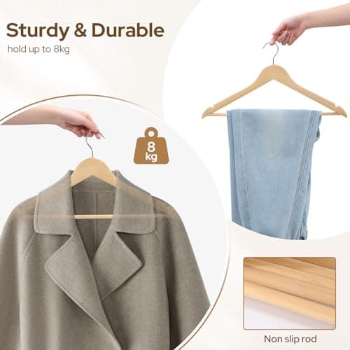 Ceecysaa Wooden Coat Hangers 30 Pack,Natural Solid Wood Hangers with Non Slip Pants Bar,360°Swivel Hook Clothes Hangers for Shirts,Jackets,Dress,Coats,Suits — view 4