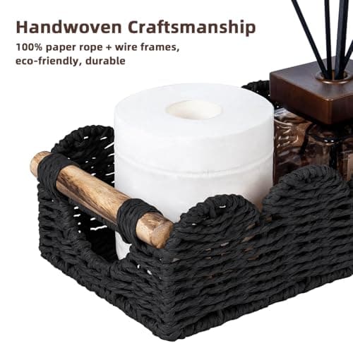 CubesLand Toilet Tank Paper Storage Basket Bathroom Counter Baskets for Organizing, Scalloped Decor Basket for Home, Living Room, Nursery, Wicker Bathroom Shelves Organization&Decorative Tray, Black — view 5