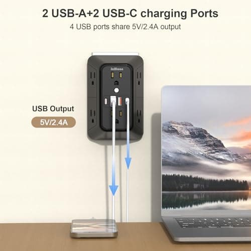 JcBlaon Outlet Extender Surge Protector - 6 Outlet Splitter with 4 USB Ports (2 USB C), Multiple Plug Expander Wall Charger, 3 Sided Multi Plug Wall Adapter Power Strip for Home Office Travel-ETL — view 3