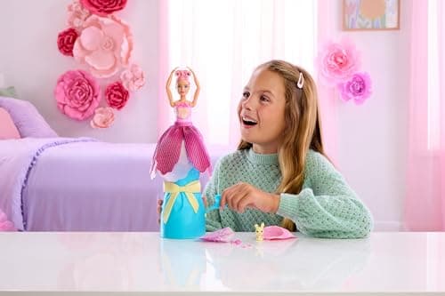 Barbie Petal Pop Scented Doll with Pink Tulip Dress & Accessories, Bouquet Reveal with Pet Bunny & Surprises Like Watering Can, Necklace & Earrings​​​