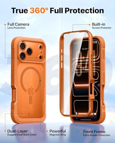 Diaclara Magnetic Designed for iPhone 17 Pro Max Case Full Body Bumper[Compatible with MagSafe] Military Drop Proof Cover with Built-in Touch Sensitive Anti-Scratch Screen Protector,Orange — view 2