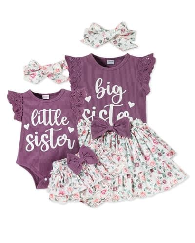 FAMIHAO Big Sister Little Sister Matching Outfits Baby Girl Romper Tops with Floral Shorts Summer Clothes Set,0-3M Purple