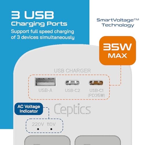 Ceptics 35W Universal Travel Adapter Kit – 2 USA sockets, USB-A, USBC, 1x PD 35W USB-C and USBC Cable, Surge Protected, Plugs for EU, UK, China, AU, Japan - for Laptop, Phone, Camera-ETL Tested — view 7