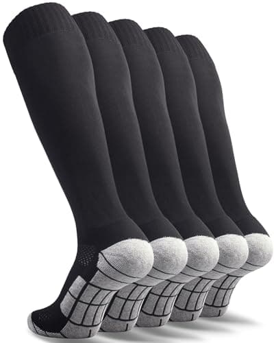 CWVLC Boy's Soccer Socks Youth 5 Pairs Rugby Sport Team Athletic Knee High Long Tube Cotton Compression Socks Black Small (3Y-5Y Youth/ 4-6 Women)