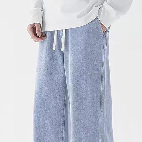 Baggy Jeans Men Casual Straight Leg Denim Pants Drawstring Elastic Waist Jeans Stretch Summer Streetwear Denim Pants Light Blue — view 5