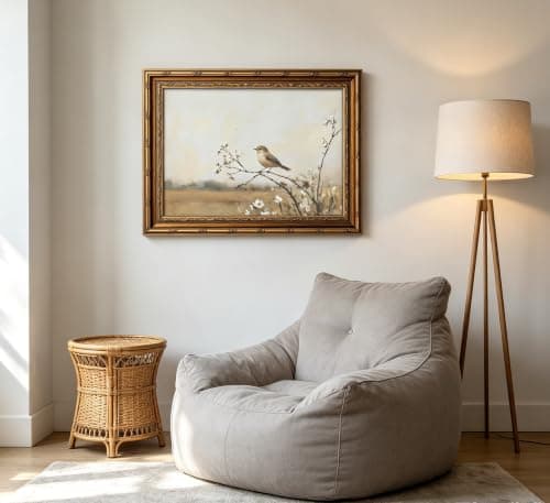 Vintage Gold Framed Bird Wall Art Spring Songbird on Floral Branch Painting Canvas Rustic Nature Woodland Picture Wall Decor Muted Farmhouse Print Artwork For Living Room Bedroom Entryway — view 3