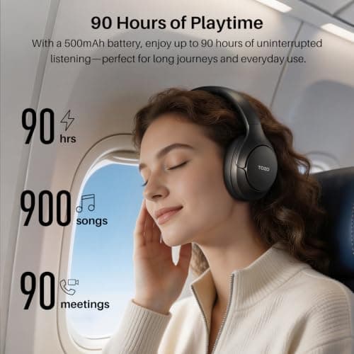 TOZO HT3 Hybrid Noise Cancelling Headphones, 90H Battery Life Wireless Over Ear Bluetooth 6.0 Foldable Headset, AI Voice Assistant with 5 Mics, Connect 2 Devices and Hi-Res Sound, 32 EQ Audio Presets — view 4