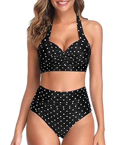 Tempt Me Women Two Piece Swimsuit High Waisted Bikini Halter Vintage Retro Bathing Suit Push up Swimwear, Black Little Dot 1, Large