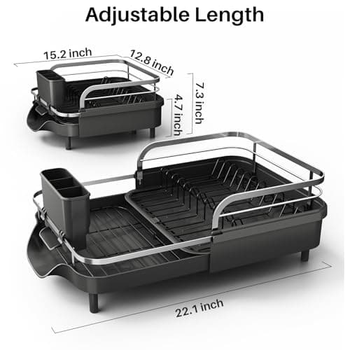 SNTD Dish Drying Rack, Expandable Dish Rack for Kitchen Counter, Stainless Steel Dish Drainer with Drainboard Set and Utensil Holder (Black)