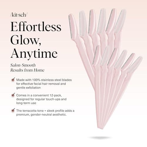 Kitsch Dermaplane Razor for Women Face – Face Razors for Women & Men, Eyebrow Trimmer & Face Shaver – Exfoliating Facial Razor & Skin Care Tool for Smoother Skin - Blush, 12 pcs