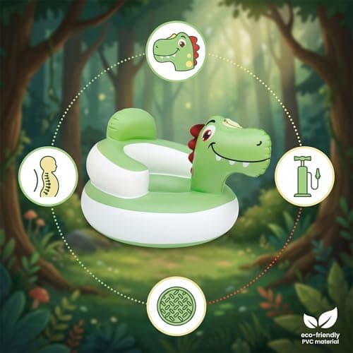 Etiin Inflatable Baby Seat 3D Dinosaur for 6-36 Months Baby Boys & Girls — Built-in Pump, Food-Grade PVC, Wide Anti-Tip Base, Portable Floor Chair, Blow Up Chair Sit Up Practice, Green — view 4