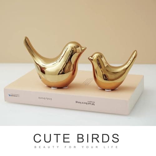 2Pcs Gold Ceramic Bird Figurines, Shiny Metallic Decorative Bird Sculptures for Home, Shelf, Desk, Table, Holiday and Party Decor, Premium Gift for Living Room Bedroom Office — view 2