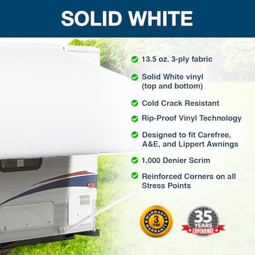 Shade Pro RV Awning Fabric Replacement | Durable Standard Grade Vinyl (17' [Fabric 16' 2"], Solid White) Camper Shade Awning Canopy — view 3