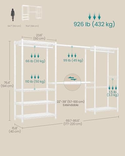 SONGMICS Heavy-Duty Clothes Rack, Extendable Garment Rack, Portable Closet with Adjustable Mesh Shelves and Hanging Rails, Hooks, 15.8 x 69.7-86.6 x 76.4 Inches, White ULGR438WZ01S — view 5