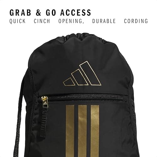 adidas Alliance Sackpack – Drawstring Backpack for Sports, Small Gym Bag, Black/Gold Metallic/3, OSFA