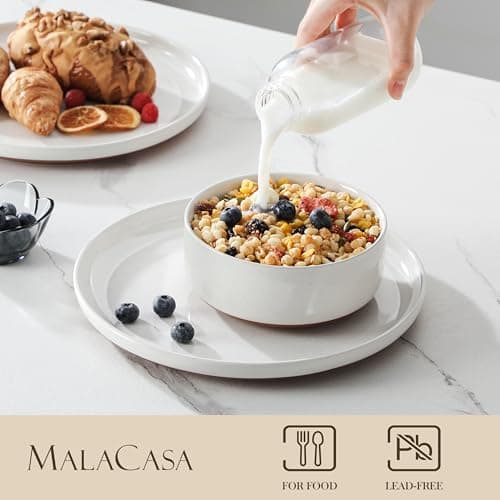 MALACASA Plates and Bowls Sets, 12 Pieces Modern Stoneware Dinnerware Set for 4 Kitchen Dinner Set Ceramic Dishware Dishes Set Microwave and Dishwasher Safe, White, Series TARA — view 2