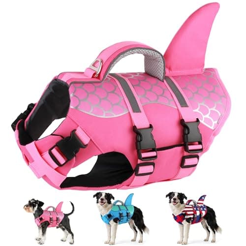 Dogcheer Dog Life Jacket Shark, Neoprene Harness Dog Life Vest with Lift Handle, Reflective Adjustable Pet Swim Float Vest for Small Medium Large Dogs - Pink Scales, XS