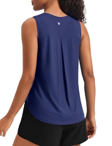 PINSPARK Women's Workout Tank Tops Back Pleat Loose Fit Sleeveless Yoga Athletic Shirts Soft UPF 50+ Cooling Running Gym Tops, Navy Blue, X-Large
