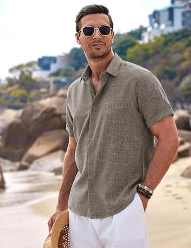 COOFANDY Men's Linen Shirts Short Sleeve Casual Button Down Shirt for Men Untucked Shirt Summer Vacation Brown — view 2