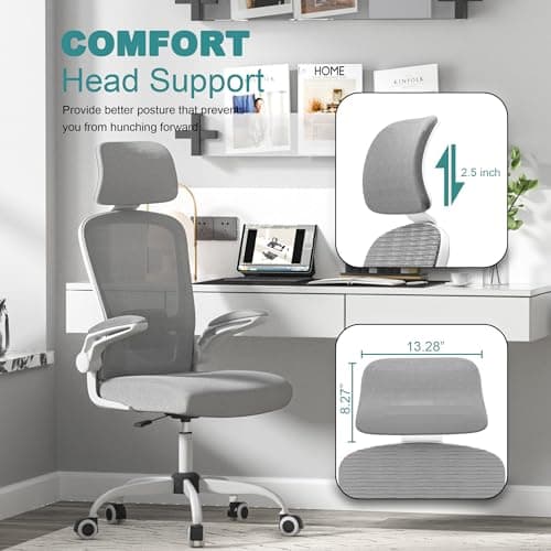 Mimoglad Office Chair, Comfy Desk Chair - High Back Ergonomic Computer Chair with Adjustable Lumbar Support & Headrest, Flip-up Armrests for Guitar Playing (Moon Grey) — view 4