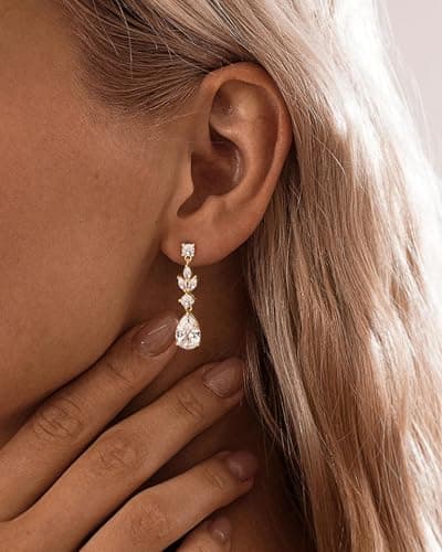 HANLI Dangle Earrings for Women – 14K Gold Plated Drop Earrings Sparkly Gold Dangle Earrings Elegant Dangling Earrings for Wedding Bridal Prom Jewelry — view 4