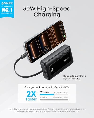 Anker Portable Charger, 10,000mAh 30W Power Bank, USB-C in and Out Fast Charging Battery Pack, Travel Essential Phone Power Bank, for iPhone 17/16, Galaxy and More (Black, 10000.00, Milliamp Hours)