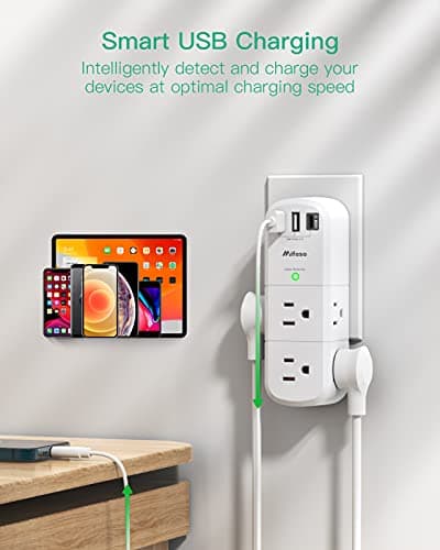 USB Outlet Extender Surge Protector - with Rotating Plug, 6 AC Multi Plug Outlet and 3 USB Ports (1 USB C), 3-Sided Swivel Power Strip with Spaced Outlet Splitter for Home, Office, Travel — view 2