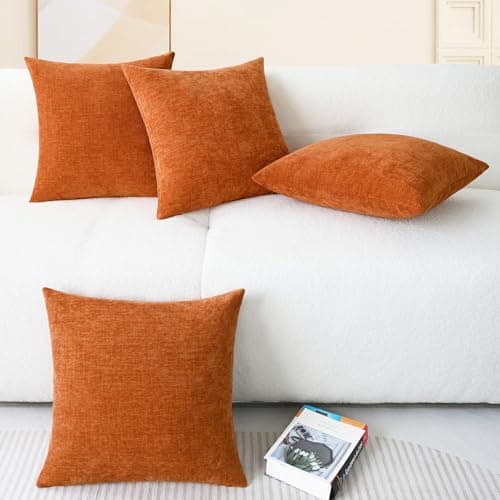 CaliTime Pack of 4 Cozy Throw Pillow Covers Cases for Couch Sofa Home Decoration Solid Dyed Soft Chenille 18 X 18 Inches Burnt Orange — view 5