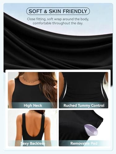 Women's Tummy Control One Piece Swimsuit High Neck Ruched Backless Bathing Suit Modest Retro Slimming Swimming Suit Black XX-Large — view 4